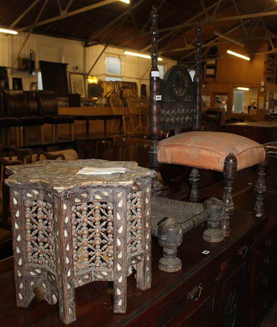Islamic star-shaped inlaid table, an Indian chair and a foot stool